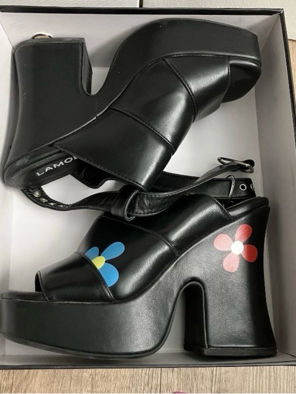 LAMODA Black Platform Sandals with Colorful Floral Accents